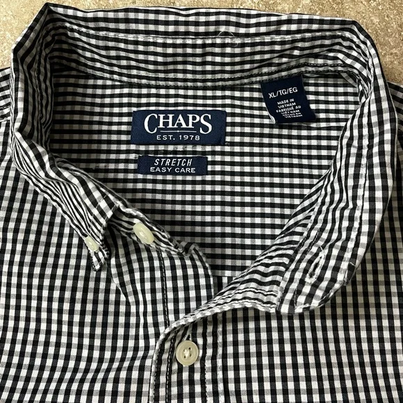 Chaps Stretch Black and White Checkered Men's Button Down Shirt - Picture 2 of 6